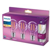 Philips LED-pære Classic E27 4,3W 2.700K klar 3stk