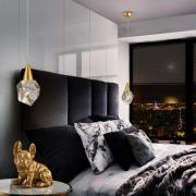 Aquaria LED-pendel, klart glas, guld, polyhedral