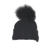 Uldblanding Ribstrikket Vinterhue med Cashmere Pom Pom