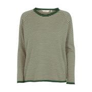 Blød Strikbluse - Mini Stribe - Mørkegrøn/Beige