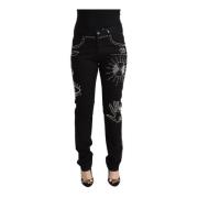 Sorte Bomuld Mid Waist Pyntede Slim Fit Jeans