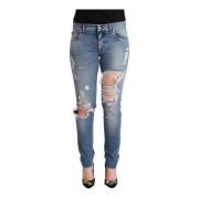 Blå Distressed Bomuld Denim Skinny Jeans