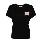 Sort T-shirt med Logo Patch og Rhinestone Pynt