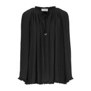 Sort Plisseret Bluse med V-Hals