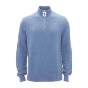 Blå Bouclé Bomuld og Cashmere Sweater med Lynlås