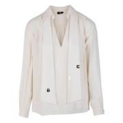 Elegant cremefarvet bluse med V-hals og kravedetaljer