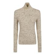 Beige Ribstrikket Højhalset Sweatshirt