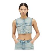 Denim Crop Vest med Logo Broderi