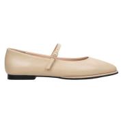 Beige Læder Ballet Flats med Spænde