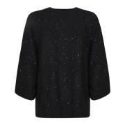 Sort Paillet Sweater Trekvart Ærmer