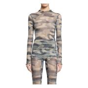 Mørk Camo Mesh Ruffled Boat Neck Top