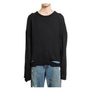 Sort Ribstrikket Slidt Crewneck Sweater