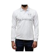 Hvid Langærmet Polo Shirt med Sølv Logo Broderi