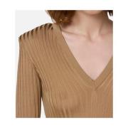 Ribbet V-hals Sweater Brun