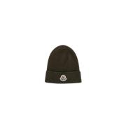 Khaki Uld Beanie med Logo Patch