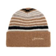 Brun Stribet Uld Beanie Hat