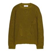 Militærgrøn crewneck sweater med ødelagt effekt