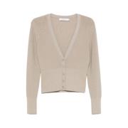 Beige V-Neck Cardigan med Lurex Detalje