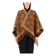 Monogram Jacquard Uld Poncho med Frynser