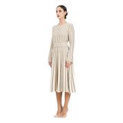 Stribet Midi Kjole Hvid Beige