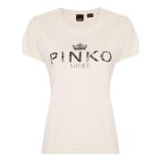 Beige Jersey T-shirts med Logo Print