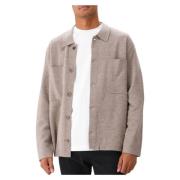 Khaki Beige Uld Overshirt med Brune Knapper