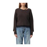 Brun Ribstrikket Sweater med Blonderkant