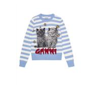 Stribet Katte Grafisk Crewneck Sweater