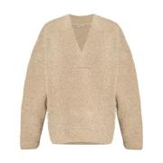 Beige Uld V-Hals Sweater med Logo Patch