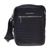 Crossbody bag in black woven print leather