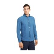 Slim Fit Bomuld-Linned Chambray Skjorte med Spredt Krave