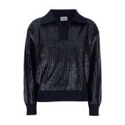 Blå Sequin Polo Krave Sweater Kvinde