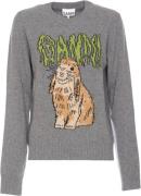 Ganni Graphic Wool Mix Bunny Crewneck Kvinde Frost Gray Sweaters Str X...