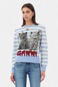 Ganni Striped Graphic Wool Mix Cats Crewn Kvinde Illusion Blue Sweater...